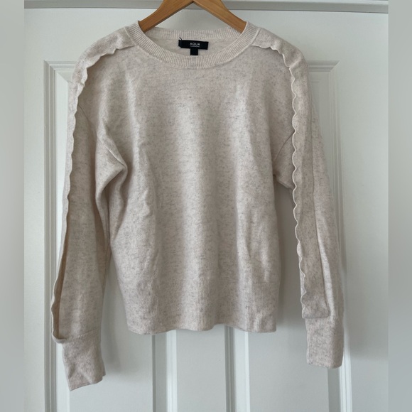 EUC Aqua Cashmere Cream Sweater with Scallop Ruffle Sleeves Size XS runs large - Picture 2 of 6